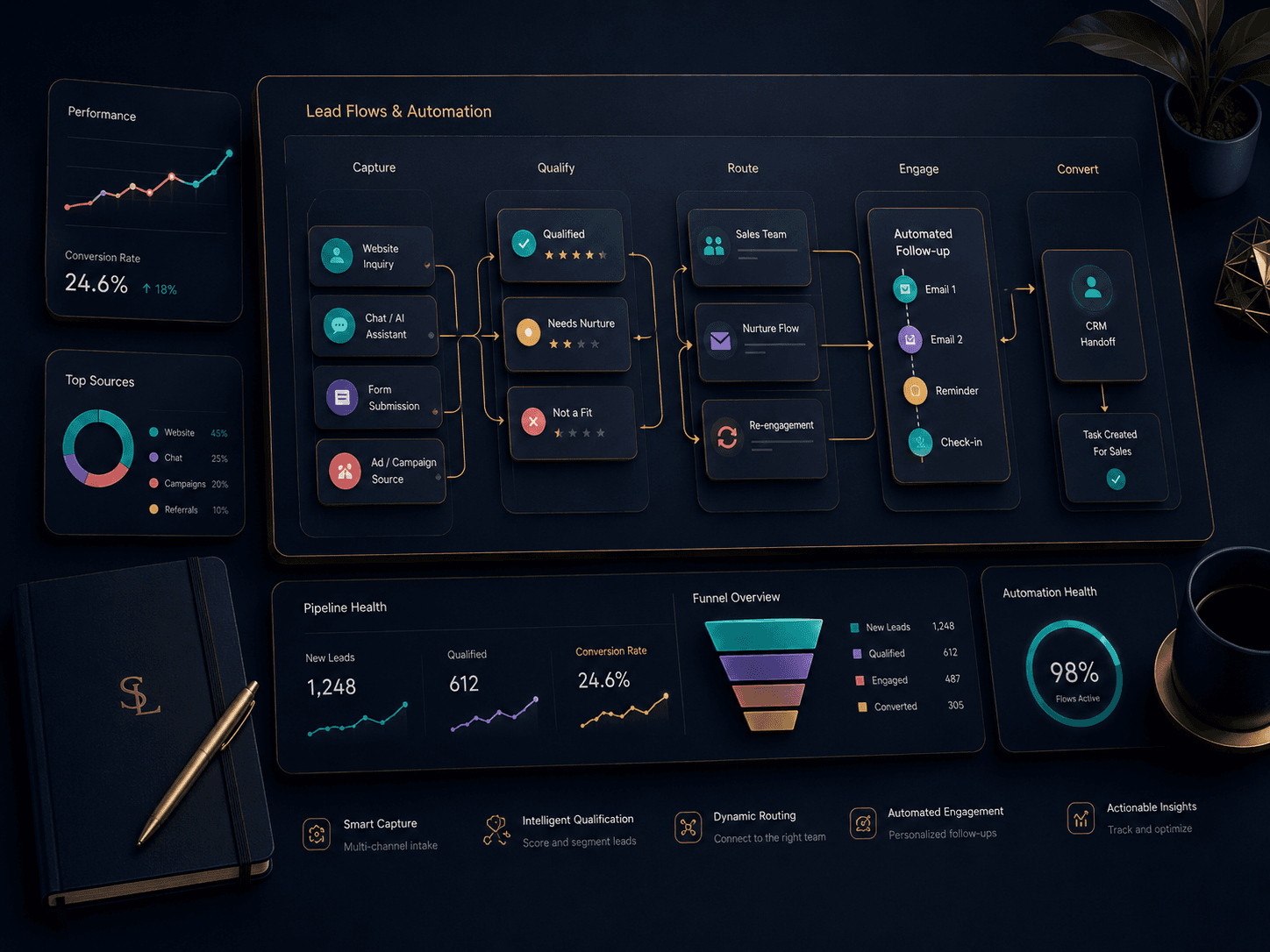 Lead flow and automation map for capture, qualification, routing, and follow-up