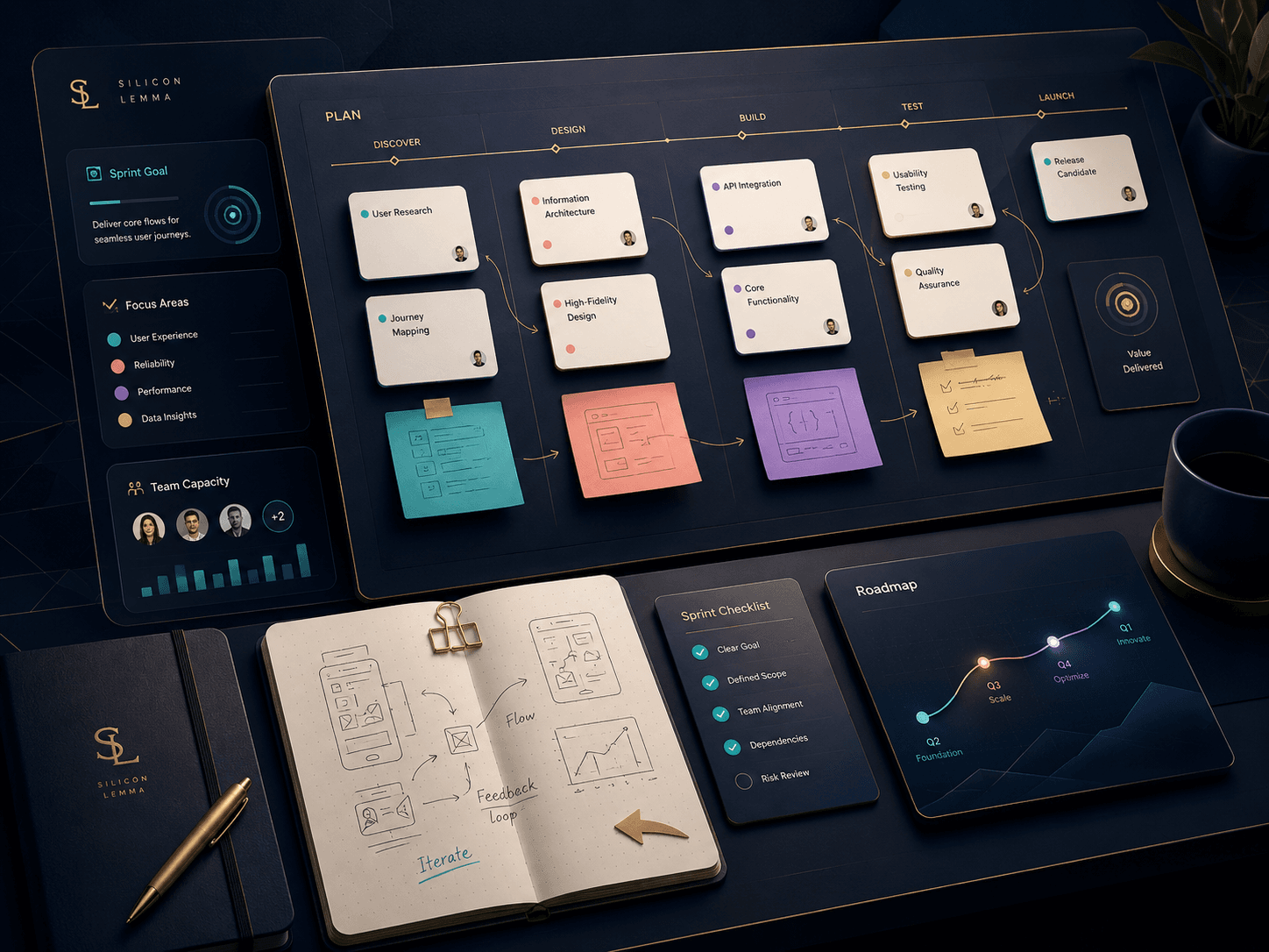 Silicon Lemma sprint planning board for mapping, design, build, test, and launch work