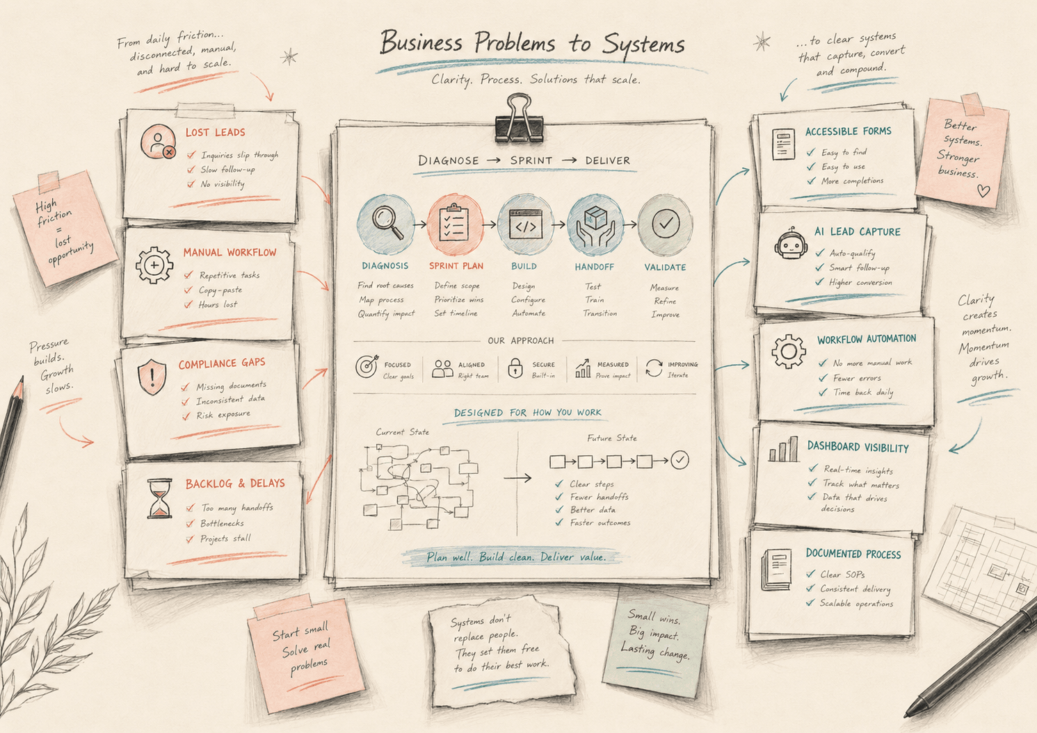 Sketch infographic mapping lost leads, manual workflows, compliance gaps, and backlog into clear systems.