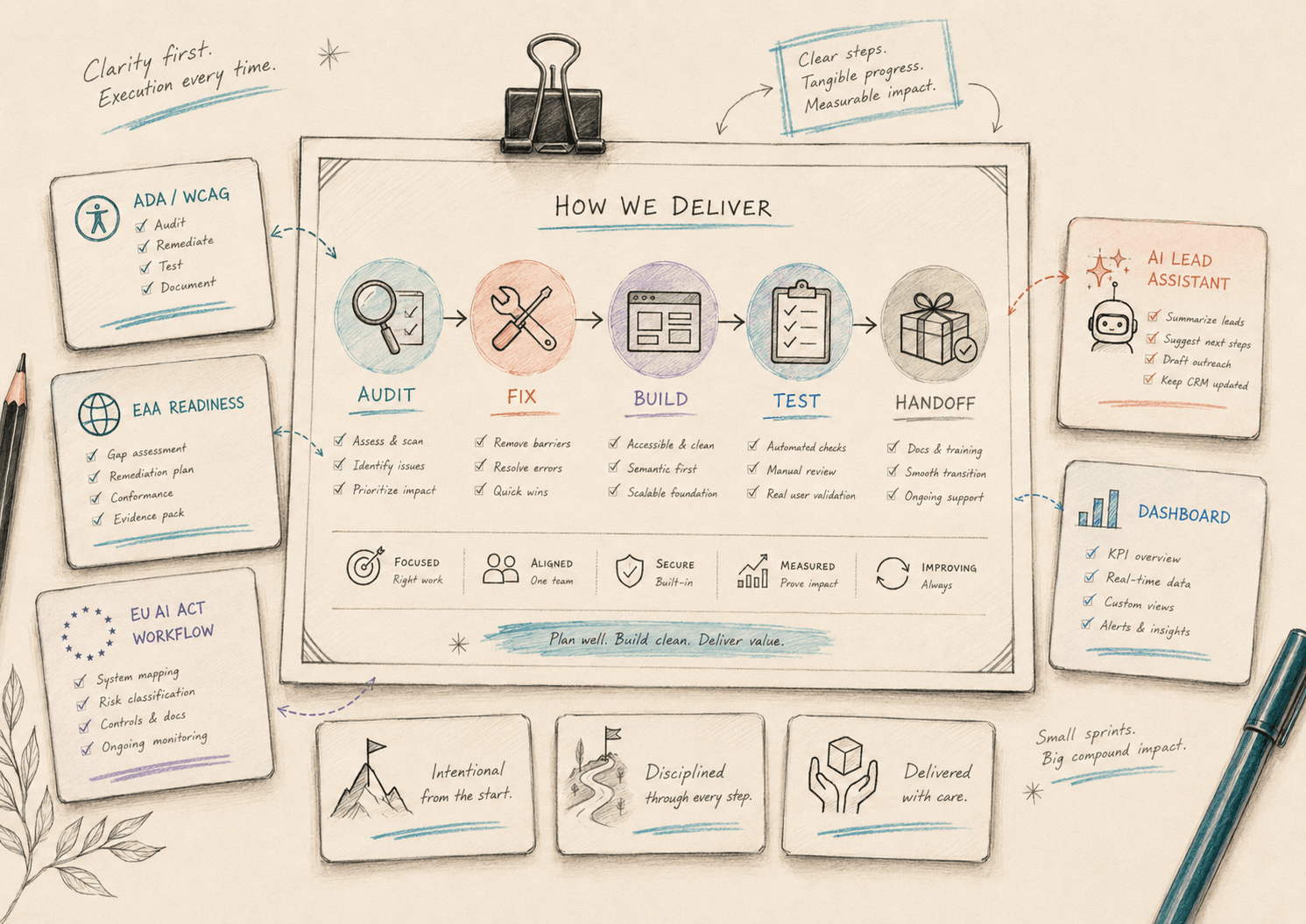 Sketch diagram showing Silicon Lemma delivery steps: audit, fix, build, test, and handoff.